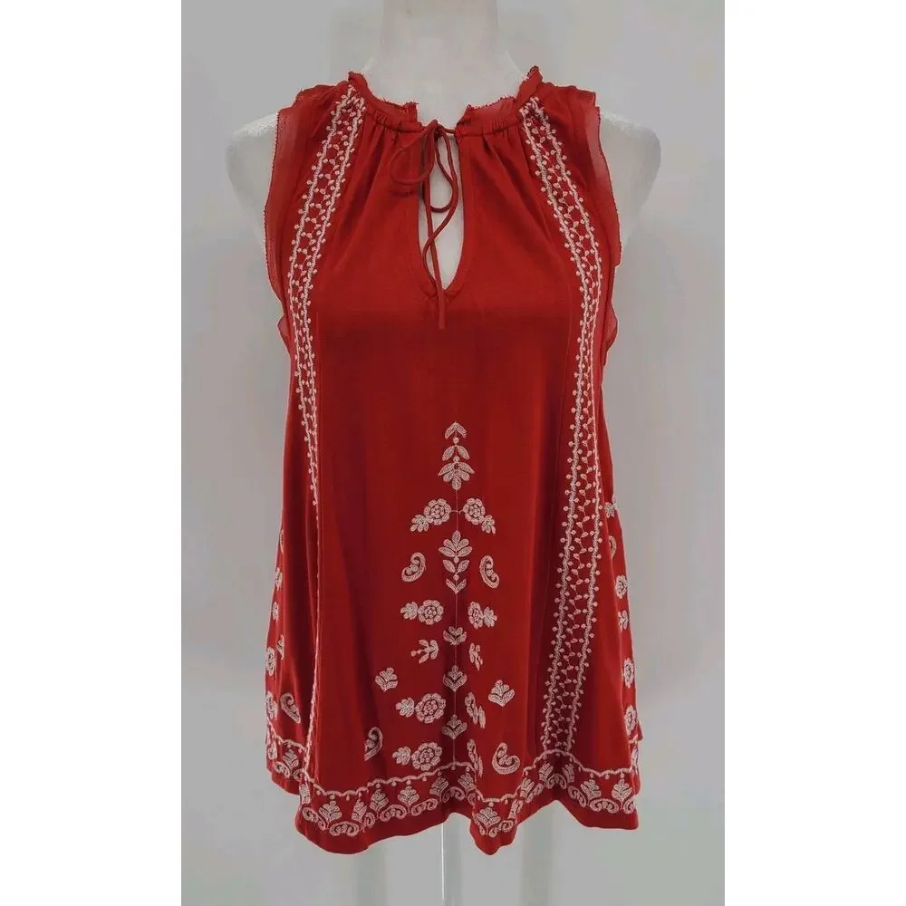 Anthropologie Embroidered Tank Top Small‎ Red Keyhole Bohemian Festive Paisley